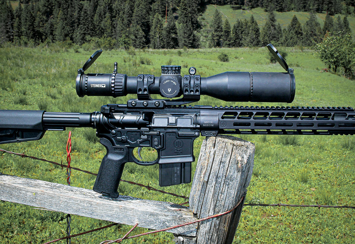 Testing was conducted using a Steiner T5Xi 3-15x 50mm scope. This first focal plane riflescope includes top-quality optics and exposed turrets. The fine crosshairs allowed Patrick to assemble smaller groups than would result from a typical AR optic.